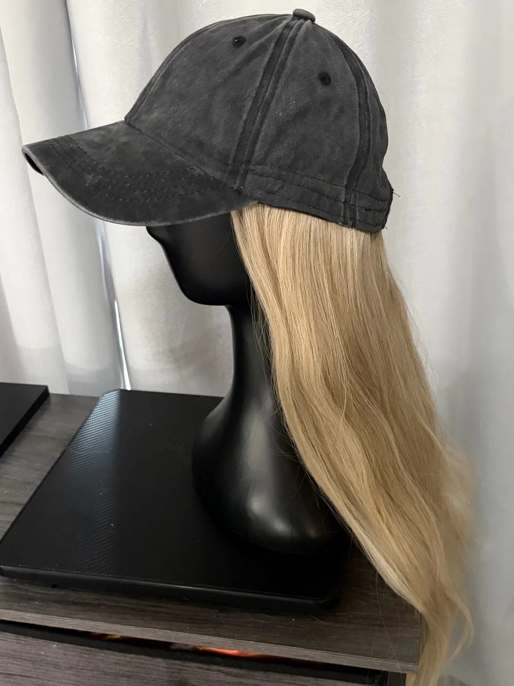 Baseball Hat with Attached Long Straight Blonde Hair Grey Denim Hat Wig